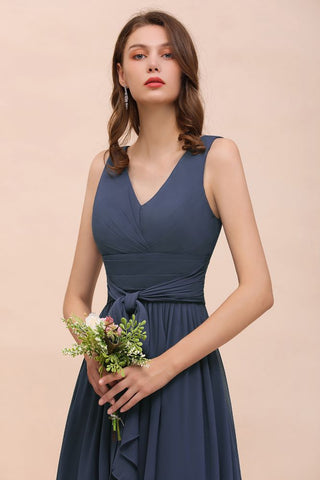 Gray Side Split Bridesmaid Dress V-Neck Sleeveless Floor Length dress for Bride