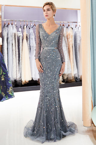 Grey Long Mermaid V-neck Tulle Evening Dresses with Sleeves
