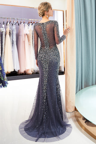 Grey Long Sleeves Mermaid V-neck Beaded Tulle Evening Dresses