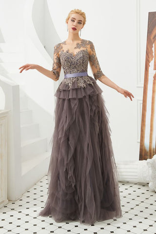 Half Sleeves Floral lace Prom Dress Fur Floor Length Evening Party Dress