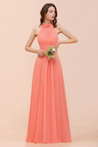 halter Beach Bridesmaid Dress Girls Coral Floor Length Wedding Party Dress