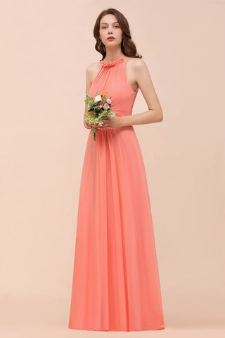 halter Beach Bridesmaid Dress Girls Coral Floor Length Wedding Party Dress