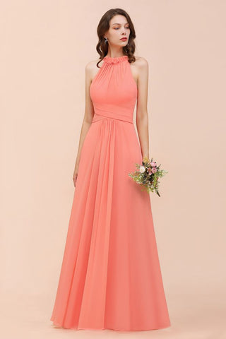 halter Beach Bridesmaid Dress Girls Coral Floor Length Wedding Party Dress