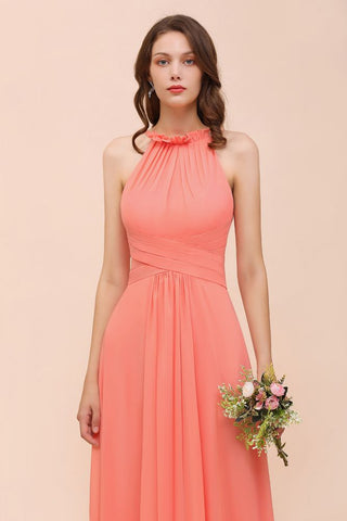 halter Beach Bridesmaid Dress Girls Coral Floor Length Wedding Party Dress