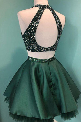 Robe de bal courte deux pièces en satin vert à bretelles et perles, modèle PD358