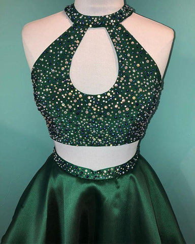 Robe de bal courte deux pièces en satin vert à bretelles et perles, modèle PD358