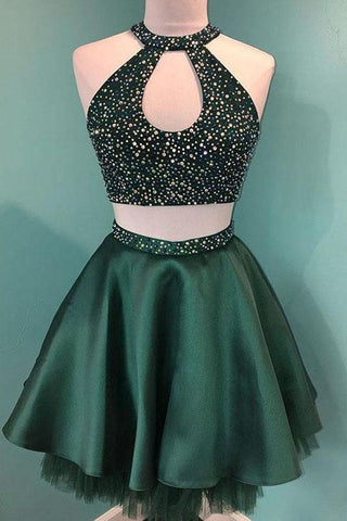 Robe de bal courte deux pièces en satin vert à bretelles et perles, modèle PD358