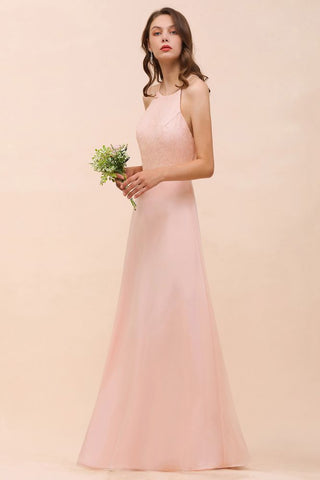 Halter Bridesmaid Dress Pink Floor Length Formal Event Dress