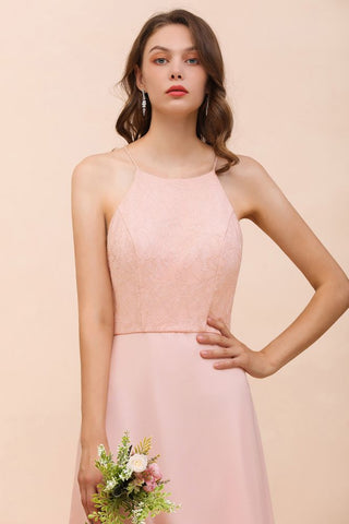 Halter Bridesmaid Dress Pink Floor Length Formal Event Dress