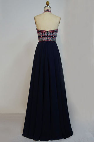 Halter Floor Length A-line Embroidered Flowers Black Prom Dresses