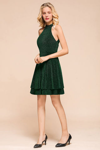 Halter Knee Length Homecoming Dress Sleeveless Dark Green Bright Silk Evening Dress