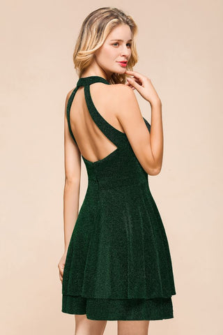 Halter Knee Length Homecoming Dress Sleeveless Dark Green Bright Silk Evening Dress