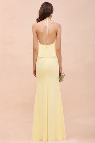 Halter Mermaid Chiffon Girls Bridesmaid Dress Yellow Floor length Beach Wedding Dress