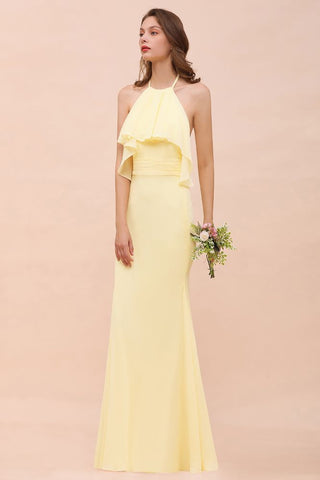 Halter Mermaid Chiffon Girls Bridesmaid Dress Yellow Floor length Beach Wedding Dress
