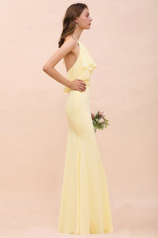 Halter Mermaid Chiffon Girls Bridesmaid Dress Yellow Floor length Beach Wedding Dress