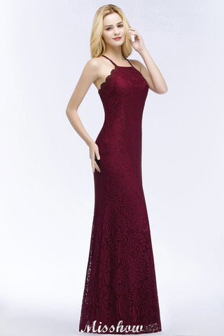 Halter Mermaid Evening Dress Floor Length Lace Burgundy Bridesmaid Dresses