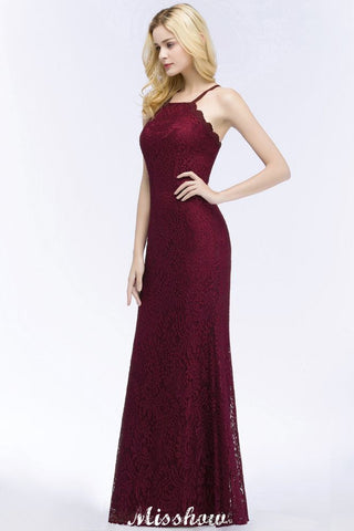 Halter Mermaid Evening Dress Floor Length Lace Burgundy Bridesmaid Dresses