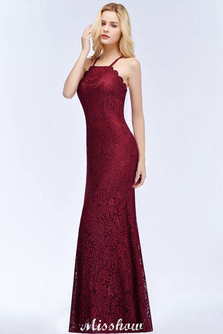 Halter Mermaid Evening Dress Floor Length Lace Burgundy Bridesmaid Dresses