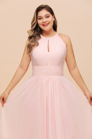 Halter Pink Bridesmaid Dress Plus Size Chiffon Wedding party Dress for Girls