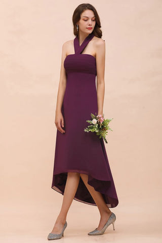 Halter Purple Hi-Lo Bridesmaid Dress Chiffon Cocktail Party Dress