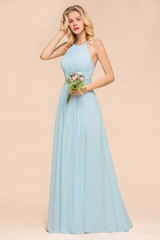Halter Sky Blue Floor Length Bridesmaid Dress online Sleeveless A-line party Dress