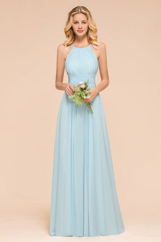 Halter Sky Blue Floor Length Bridesmaid Dress online Sleeveless A-line party Dress
