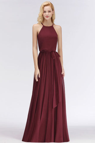 Halter Sleeveless A-line Burgundy Ruffles Chiffon Bridesmaid Dresses