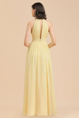 Halter Sleeveless Daffodil Chiffon Bridesmaid Dress with Ruffles