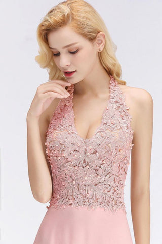 Vestido de fiesta de noche sin mangas con apliques florales y escote halter. Vestido de dama de honor de corte A hasta el suelo.