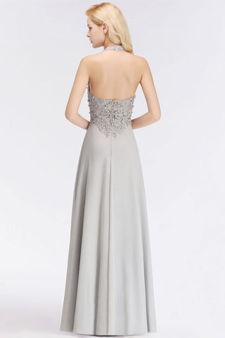 Vestido de fiesta de noche sin mangas con apliques florales y escote halter. Vestido de dama de honor de corte A hasta el suelo.