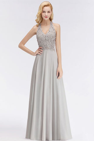 Vestido de fiesta de noche sin mangas con apliques florales y escote halter. Vestido de dama de honor de corte A hasta el suelo.