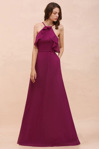 Halter Sleeveless Purple Bridesmaid Dress with Side Pockets