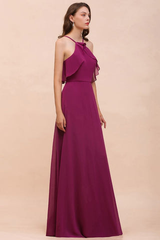 Halter Sleeveless Purple Bridesmaid Dress with Side Pockets