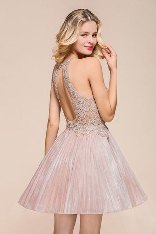 Halter Sparkly Short Homecoming Dress Floral Lace Aline Prom Dress Knee Length