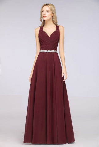Halter V-Neck Sleeveless Ruffle Bridesmaid Dress with Appliques Sashes Evening Swing Dress