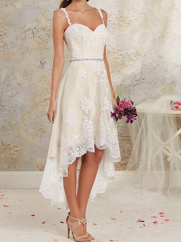 High Low A-Line Asymmetrical Lace Tulle Sleeveless Wedding Dresses