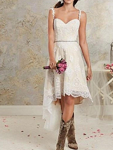 High Low A-Line Asymmetrical Lace Tulle Sleeveless Wedding Dresses