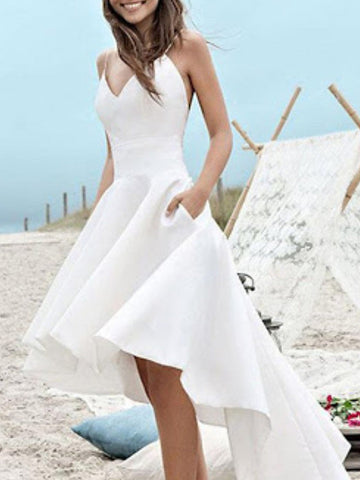 High Low A-Line V Neck Spaghetti Strap Satin Wedding Dresses with Pockets