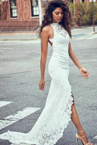 High Neckline Lace Backless Mermaid Wedding Dresses With Court Train WD123