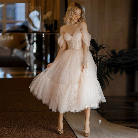 A Line Pink Tulle Tea Length Prom Dress