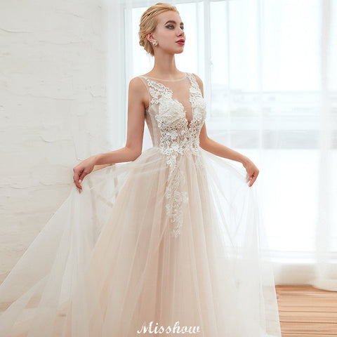 Illusion Neck Champagne Wedding Dress Sleeveless Summer Bridal Gown