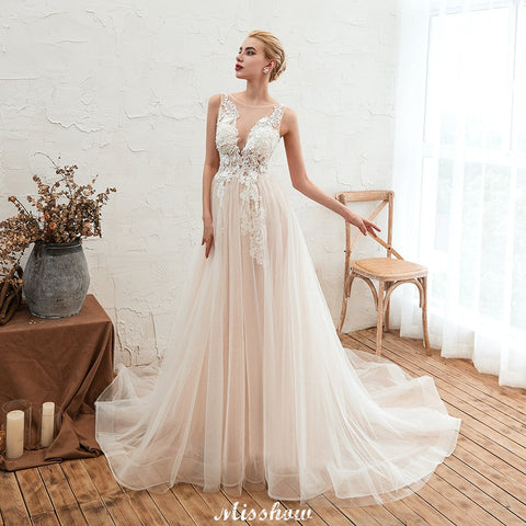 Illusion Neck Champagne Wedding Dress Sleeveless Summer Bridal Gown