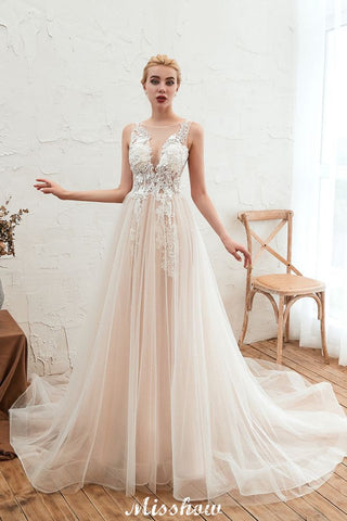 Illusion Neck Champagne Wedding Dress Sleeveless Summer Bridal Gown