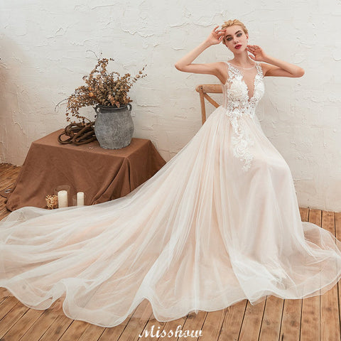 Illusion Neck Champagne Wedding Dress Sleeveless Summer Bridal Gown