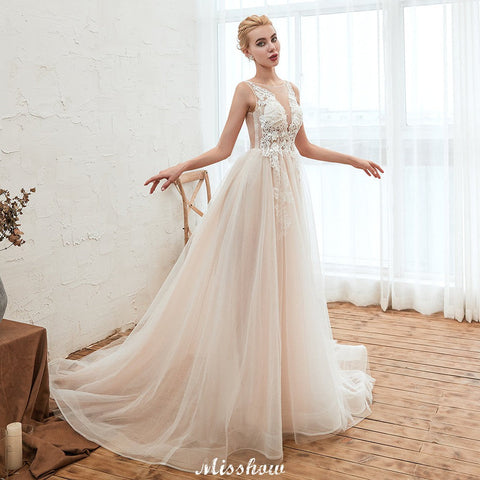 Illusion Neck Champagne Wedding Dress Sleeveless Summer Bridal Gown