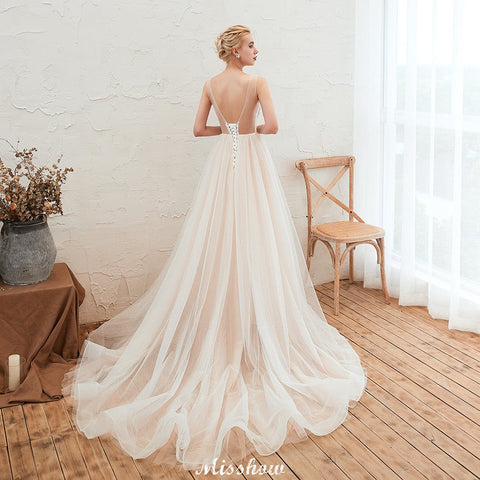 Illusion Neck Champagne Wedding Dress Sleeveless Summer Bridal Gown