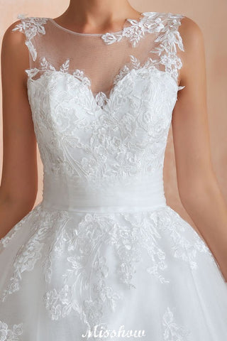 Illusion Neck White Wedding Dress Sleeveless Lace Appliques Bridal Gown online