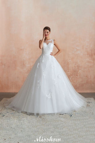 Illusion Neck White Wedding Dress Sleeveless Lace Appliques Bridal Gown online