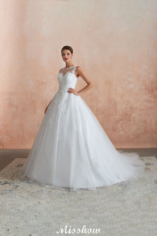 Illusion Neck White Wedding Dress Sleeveless Lace Appliques Bridal Gown online
