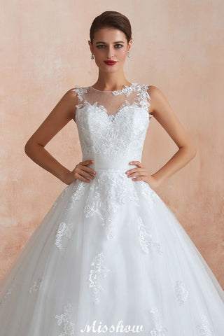 Illusion Neck White Wedding Dress Sleeveless Lace Appliques Bridal Gown online